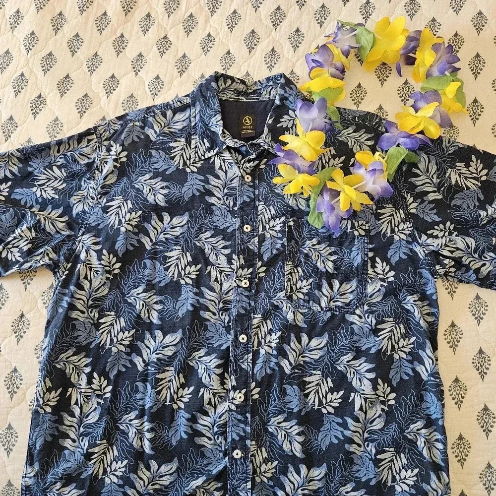 Aigle Mens XL Hawaiian Shirt Blue Floral Tropical Underwater Button Down - Picture 7 of 11